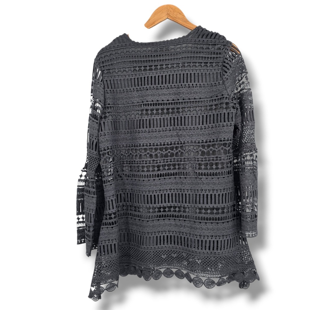 Indigo Soul Womens Charcoal Grey Crochet Lace Scalloped Hem Lined Tunic Top - Picture 2 of 9